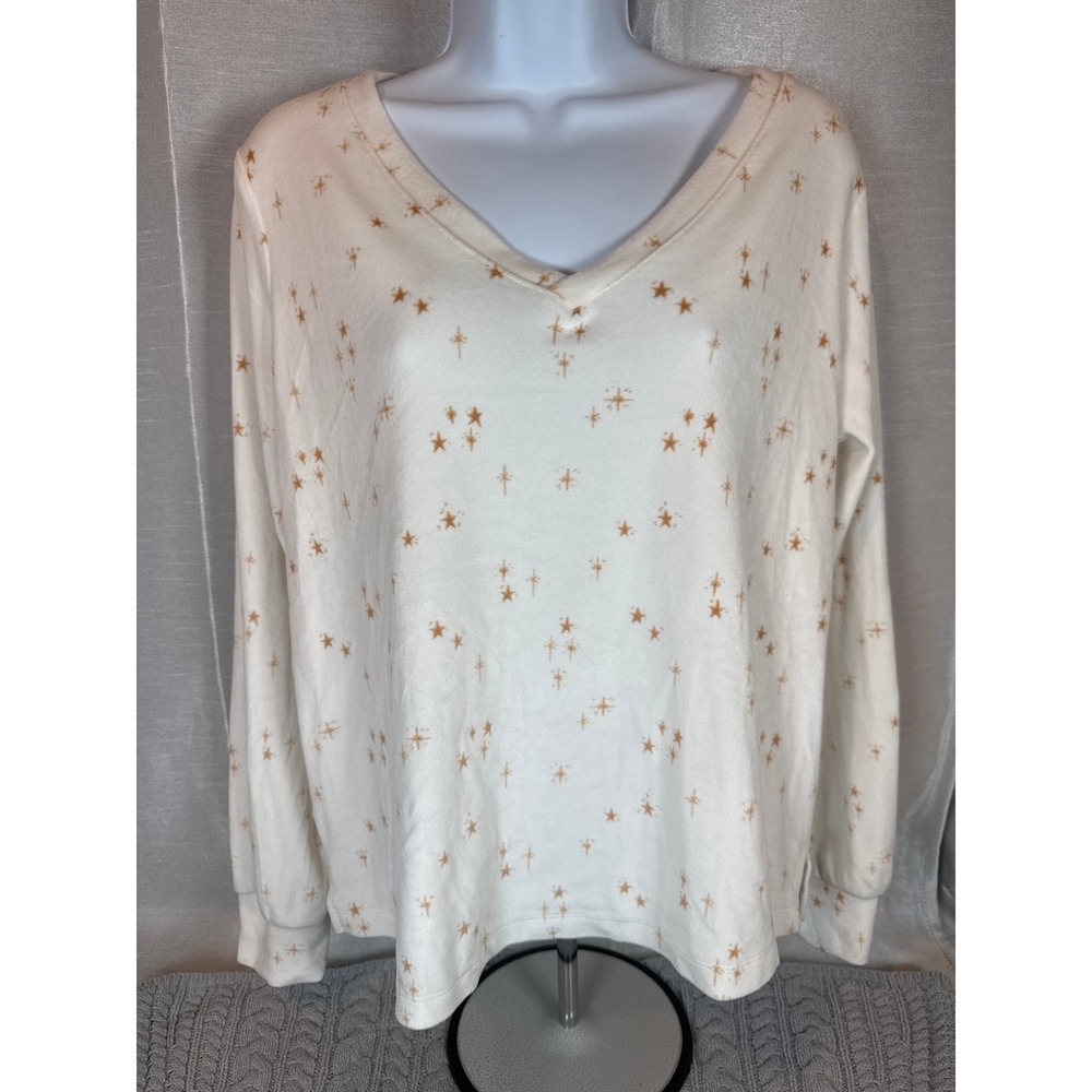Soma Womens Long Sleeve Star Print V Neck Top Cream‎ Size Medium